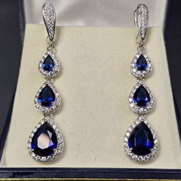 Royal Blue Drop 925 Sterling Silver Earrings, Long Bridal Birthday Gift - Picture 2 of 12